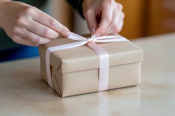 Hands tying ribbon on gift box