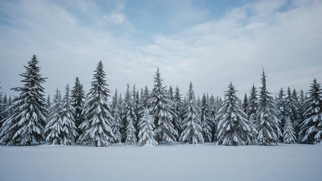Snow-covered forest of pine trees under a cloudy sky in winter. Nature and cold weather scene. Forest landscape with snow.