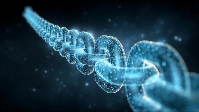 Futuristic chain link connection digital network blockchain cybersecurity data technology virtual encryption mesh decentralization internet finance blue glow abstract 3D render wireframe innovation