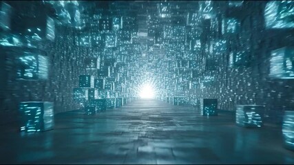 Futuristic tunnel glowing cubes digital corridor sci fi hallway neon light abstract geometry blue luminance data blocks tech background cyberspace ambience forming luminous pathway toward radiant - Powered by Adobe
