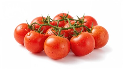Fresh tomatoes on the vine, ripe and red, isolated on white background.