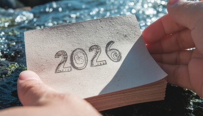 2026 zero waste new year concept. A hand flipping a page revealing the year 2026 by water.