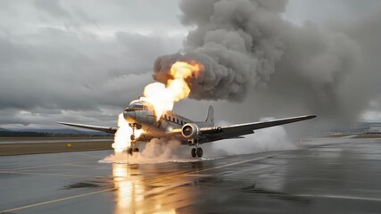 An impressive engine test takes place as an aircraft showcases its power while surrounded by thick smoke and low visibility conditions