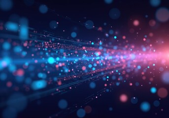 Digital stream flowing with binary code and glowing bokeh lights