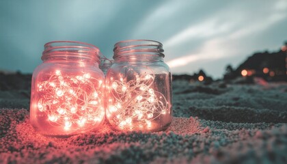 2026 zero waste new year concept. Glass jars with glowing lights on a sandy surface at dusk.