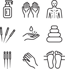 Fototapeta premium Acupuncture needles massage stones soap dispenser hands and feet icons vector