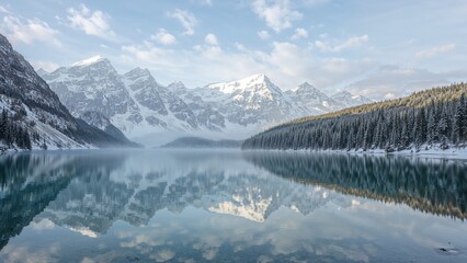 Snow-capped mountains behind a calm lake with reflections, surrounded by forested slopes.