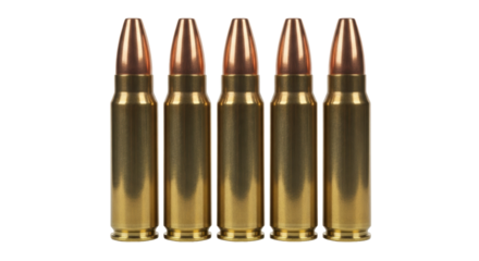 Five 223 Remington cartridges isolated PNG, ammunition for AR-15 rifles on transparent background, bullets for target practice and hunting