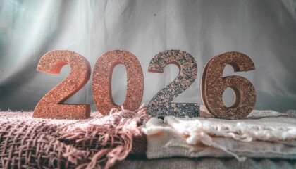 2026 zero waste new year concept. Decorative numbers representing the year 2026 on textured fabric.