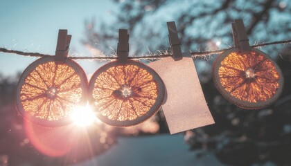 2026 zero waste new year concept. Dried citrus slices hanging on a line with a sunlight backdrop.