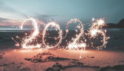 2026 zero waste new year concept. Sparkling numbers 2023 on a beach at twilight.