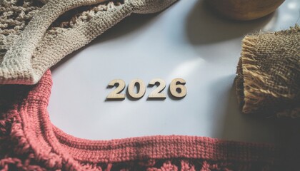 2026 zero waste new year concept. Wooden numbers on a textured surface with woven fabric elements.