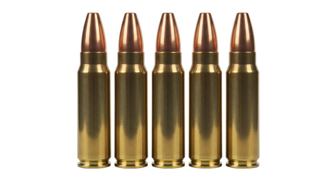 Five 223 Remington cartridges isolated PNG, ammunition for AR-15 rifles on transparent background, bullets for target practice and hunting