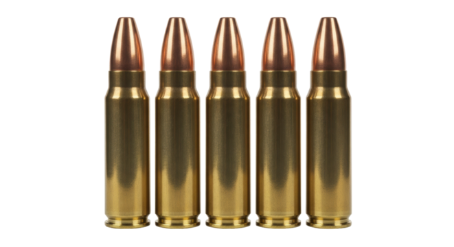 Five 223 Remington cartridges isolated PNG, ammunition for AR-15 rifles on transparent background, bullets for target practice and hunting