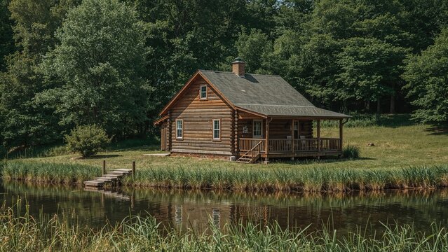 A log cabin by the water surrounded by lush greenery and trees. Nature and solitude, rustic and peaceful setting.