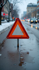 Vivid icy road with warning sign near slick urban street and thin layer of ice on asphalt