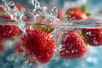 Hyperrealistic macro of fresh strawberries splashing in water for fruit advertisements