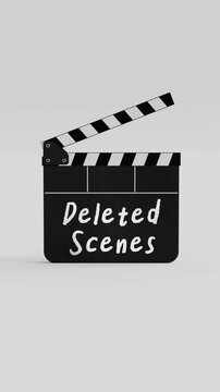 Vertical Movie clapper board 3D animation with deleted scenes words on film slate for uncut footage, mistake, bloopers, outtakes movie.