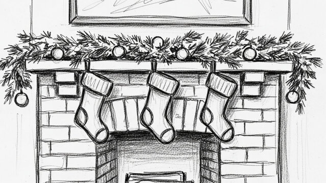Cozy Christmas fireplace scene with hanging stockings, perfect for holiday greetings and seasonal promotions, hand-drawn style for warmth and nostalgia