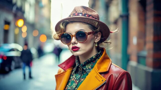Woman posing in retro fashion hat sunglasses on city street.