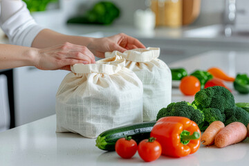 Hands holding cloth shopping bags and fresh vegetables in kitchen