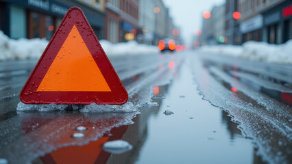 Vivid icy road with warning sign near slick urban street and thin layer of ice on asphalt