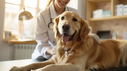 Gentle veterinarian giving vaccination to adorable labrador puppy, owner holding pet reassuringly, bright modern clinic interior, warm afternoon sunlight through windows