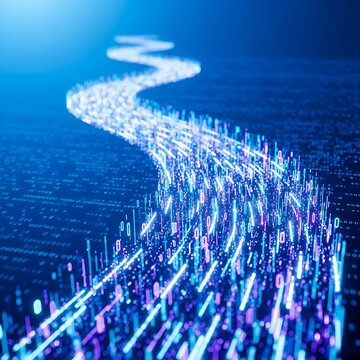 Conceptual illustration of a winding digital highway representing the flow of big data and information through a futuristic network