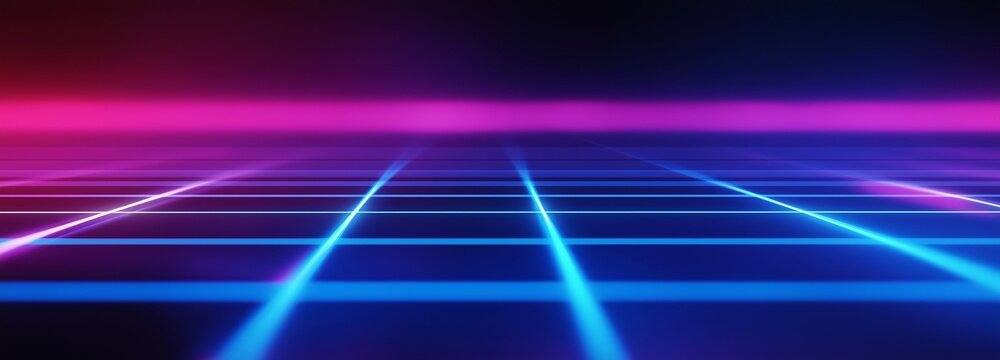 Abstract futuristic background with a neon grid. Retro 80s synthwave style digital landscape. Virtual reality and cyberspace concept