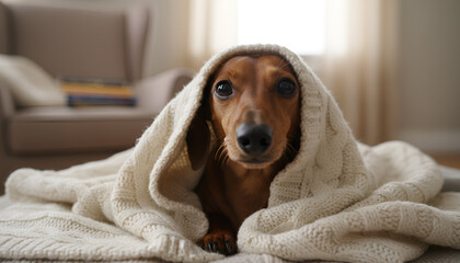 Adorable dachshund wrapped in a cozy knitted blanket, resting on a soft textured surface, with a warm and inviting living room ambiance in the background