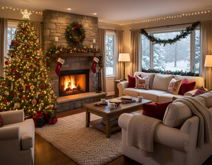 Obraz premium Cozy living room decorated for Christmas, featuring a beautifully adorned tree, a warm fireplace, and festive accents creating a joyful holiday atmosphere with inviting ambiance