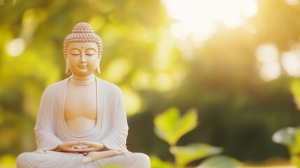 Buddha statue in a meditative pose against a green nature background. Spiritual zen concept with warm sunlight. Mindfulness and relaxation theme
