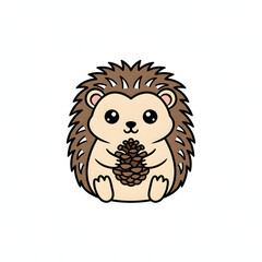 Drawn Cute Cartoon Hedgehog Character Holding a Pinecone