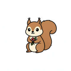 Fototapeta premium Drawn Cute Cartoon Squirrel Character Holding Holly Berries
