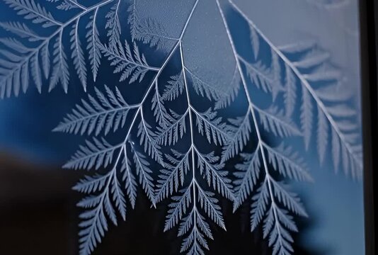 Closeup of etched fern pattern on a blue reflective surface