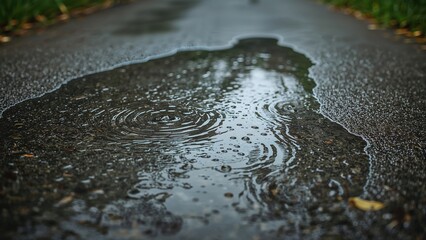 Fototapeta premium Puddle on the road with rain ripples, wet asphalt, and fallen leaves, capturing a rainy day scene.