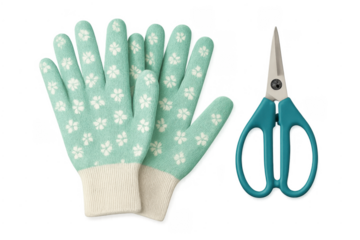 Gardening gloves and pruning scissors on transparent background