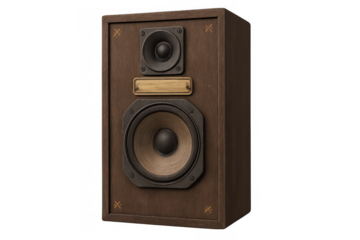Vintage wood loudspeaker rendering music sound and audio. Retro broadcasting or hifi speaker with transparent background