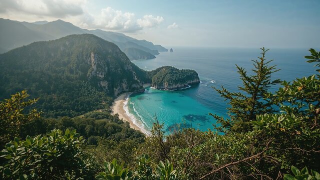 Scenic coastal landscape with mountains, forest, and turquoise beach bay under a partly cloudy sky.