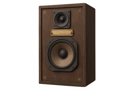Vintage wood loudspeaker rendering music sound and audio. Retro broadcasting or hifi speaker with transparent background
