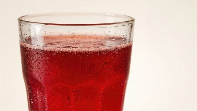Red sparkling beverage in a clear glass. Refreshing drink, carbonation, and coolness. The concept of beverages and refreshment. Cold and fizzy drink concept.