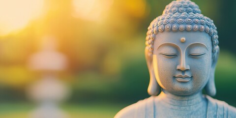 Meditating Buddha statue with a serene face outdoors. Zen, mindfulness, and spiritual concept with golden hour sunlight