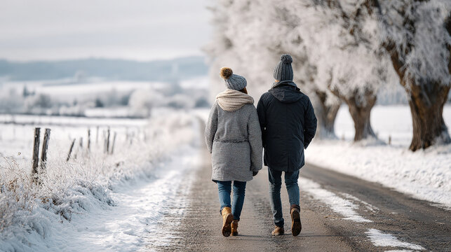 Couple walking on snowy road, frost-covered trees, winter landscape, soft light, serene ambiance. Romantic winter scene - Powered by Adobe