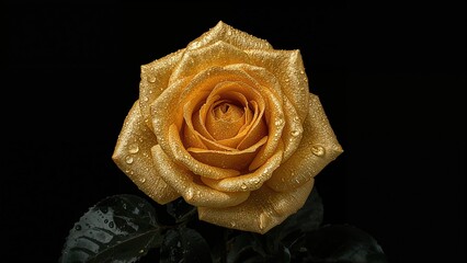 A yellow rose with water droplets on its petals against a black background.