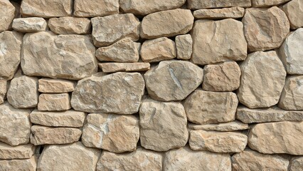 Close-up of a stone wall made of irregularly shaped rocks stacked together.
