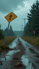 Dramatic fallen signpost in storm lying across muddy road with bent broken street sign and scattered debris