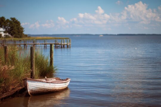 Serene Waters of Outerbanks: A Blurry View of Roanoke Island with Boats and Blue Skies