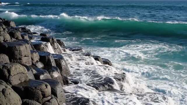 Powerful ocean wave crashing against dark basalt rock formations