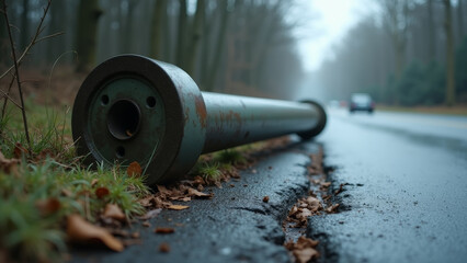 Detailed fallen signpost in storm close up of metal post on roadside with broken concrete base and wet asphalt