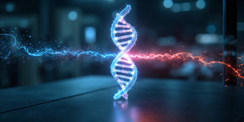 Glowing DNA helix scanned by futuristic laser for genetic technology concept
